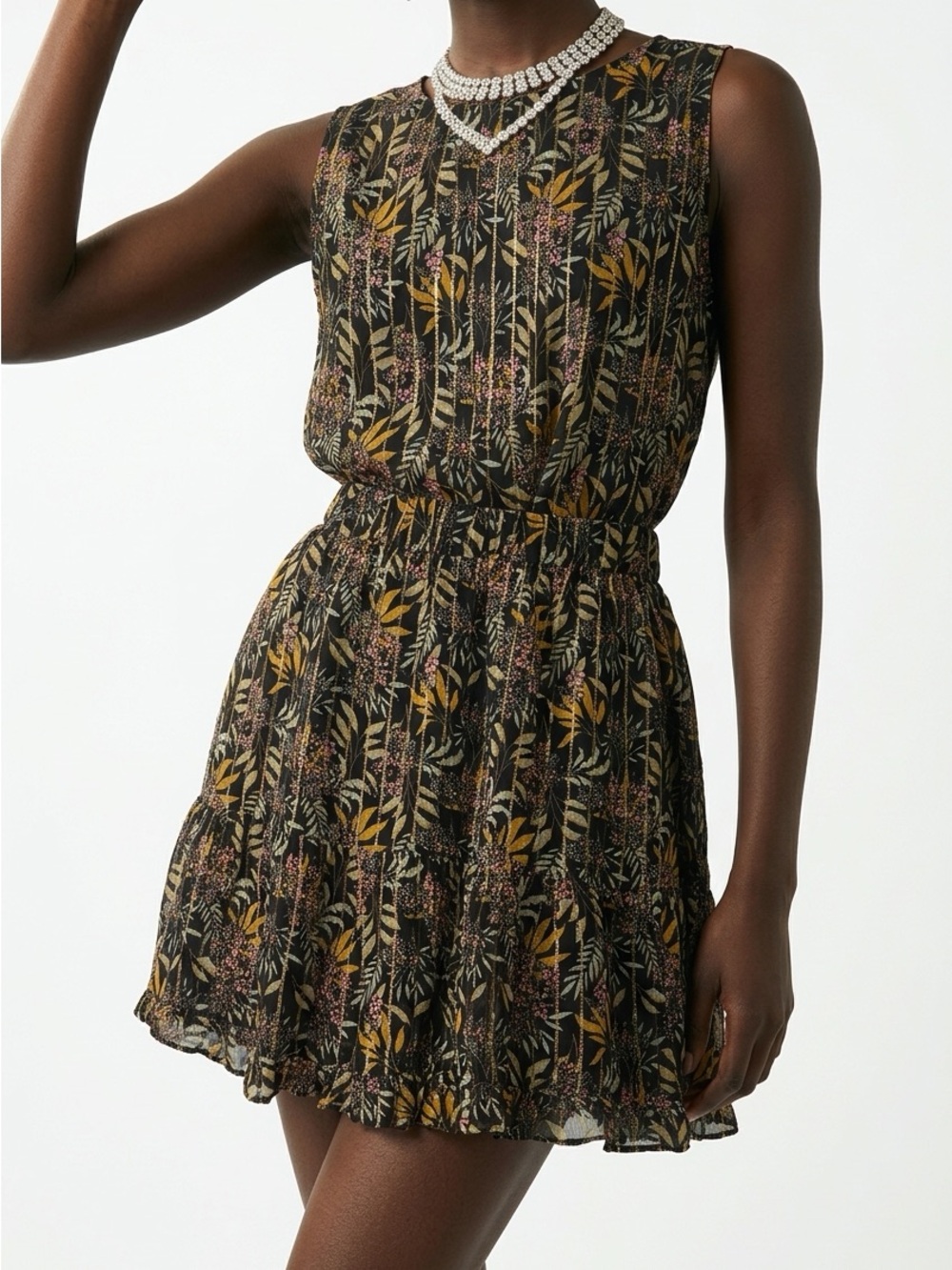 Zara Women’s Small Black Gold Floral & Striped Tiered Mini Skirt